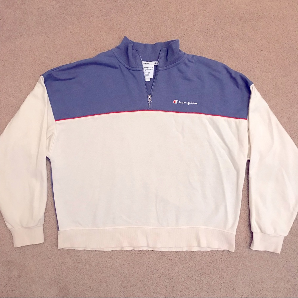 Champion Pullover Quarter Zip Sweatshirt Sweater Size XL White Blue French Terry